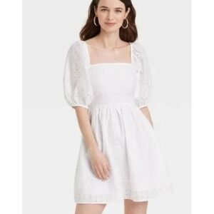 A New Day Women's White Eyelet Puff Sleeve Square‎ Neck Cutout Mini Dress